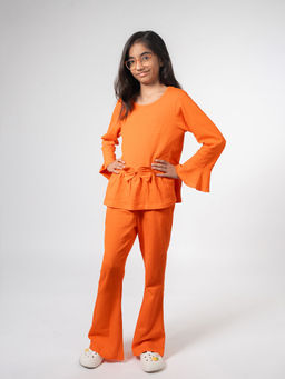 Be Awara - Girls Orange Cotton Solid Top and Pant (Set of 2)