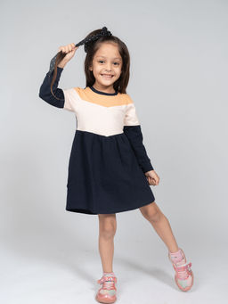 Be Awara - Girls Navy Blue Cotton Colorblock Dress