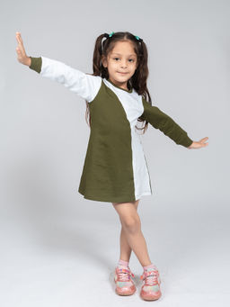 Be Awara - Girls Green Cotton Colorblock Dress