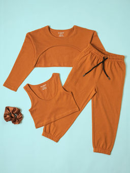 Be Awara - Girls Brown Cotton Solid Cami Top with Hem Top and Pant (Set of 3)