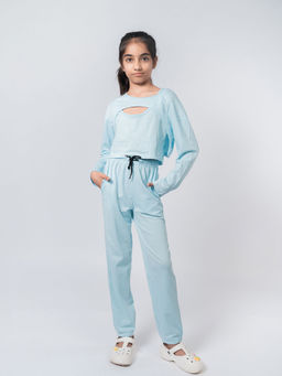 Be Awara - Girls Blue Cotton Solid Cami Top with Hem Top and Pant (Set of 3)