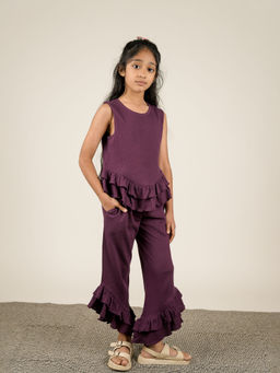 Be Awara - Girls Purple Cotton Solid Top and Pant (Set of 2)