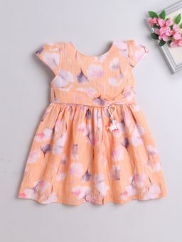 The Magic Wand - Girls Peach Cotton Printed Dress