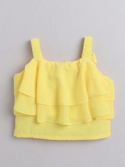 The Magic Wand - Girls Yellow Polyester Checks Top and Skirt (Set of 2)