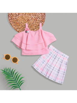 The Magic Wand - Girls Pink Polyester Checks Top and Skirt (Set of 2)