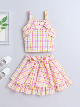 The Magic Wand - Girls Pink Polyester Checks Top and Skirt (Set of 2)