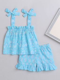 The Magic Wand - Girls Teal Rayon Printed Top and Shorts (Set of 2)