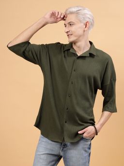 RIGO - Men Olive Rib Textured Oversized Shirt