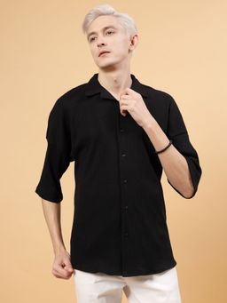 RIGO - Men Black Rib Textured Oversized Shirt