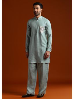 KALKI FASHION - Grey Linen Blend Mandarin Neck Kurta with Pant