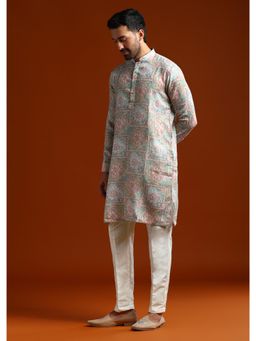 KALKI FASHION - Green Linen Blend Mandarin Neck Kurta with Pant