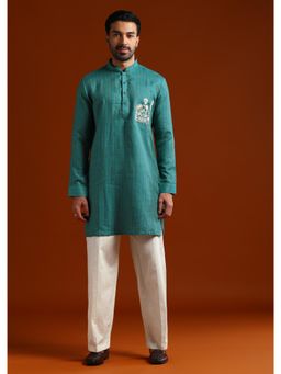 KALKI FASHION - Teal Linen Blend Mandarin Neck Kurta with Pant