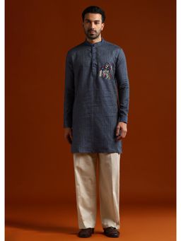 KALKI FASHION - Navy Blue Linen Blend Mandarin Neck Kurta with Pant