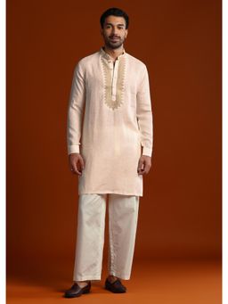 KALKI FASHION - Beige Linen Mandarin Neck Kurta with Pant