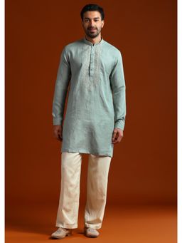 KALKI FASHION - Green Linen Mandarin Neck Kurta with Pant