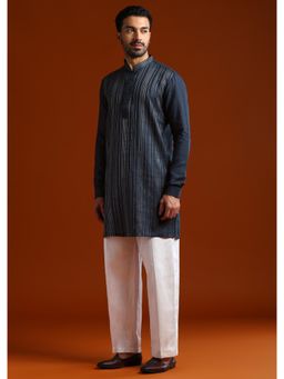 KALKI FASHION - Navy Blue Linen Mandarin Neck Kurta with Pant