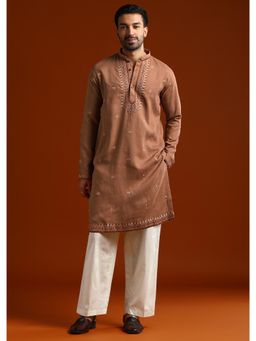 KALKI FASHION - Brown Linen Blend Mandarin Neck Kurta with Pant