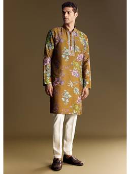 KALKI FASHION - Mustard Silk Mandarin Neck Kurta with Pant