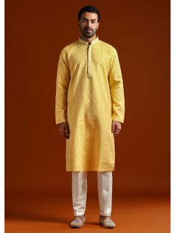 KALKI FASHION - Yellow Jacquard Mandarin Neck Kurta with Pant
