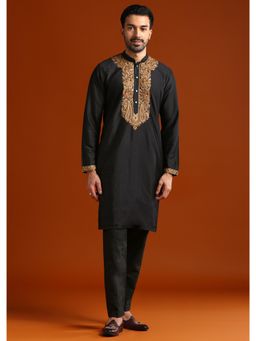 KALKI FASHION - Black Banarasi Silk Mandarin Neck Kurta with Pant