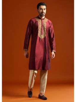 KALKI FASHION - Maroon Banarasi Silk Mandarin Neck Kurta with Pant