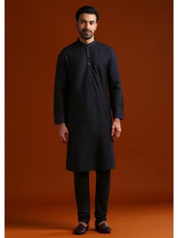 KALKI FASHION - Navy Blue Polyester Mandarin Neck Kurta with Pyjama