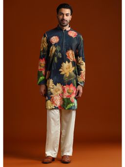 KALKI FASHION - Navy Blue Velvet Mandarin Neck Kurta with Pant