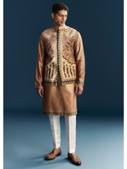 KALKI FASHION - Brown Velvet Mandarin Neck Kurta With Pant & Nehru Jacket
