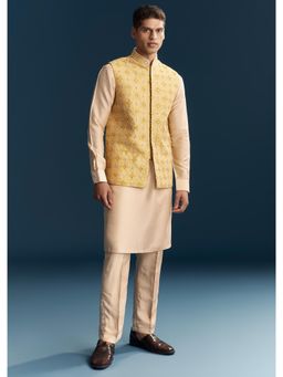 KALKI FASHION - Yellow Jacquard Mandarin Neck Kurta With Pant & Nehru Jacket