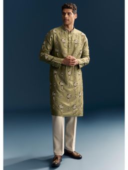 KALKI FASHION - Olive Silk Blend Mandarin Neck Kurta With Pant