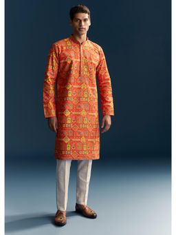KALKI FASHION - Orange Silk Mandarin Neck Kurta With Pant