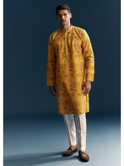 KALKI FASHION - Yellow Silk Mandarin Neck Kurta With Pant