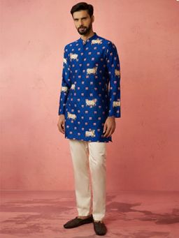 Vastramay - Blue Chanderi Mandarin Neck Kurta With Pant