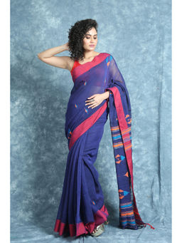 Arhi - Navy Blue Cotton Saree with Unstitched