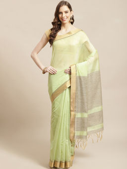 Indethnic - Banarasi Green Solid Work Wear Saree With Unstitched Blouse