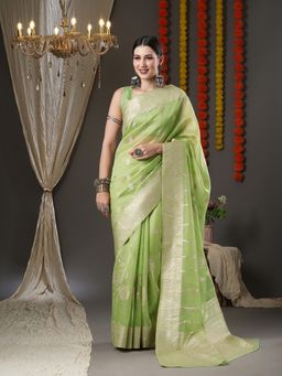 Akhilam - Womens Organza Light Green Woven Design Designer Saree with Unstitched Blouse