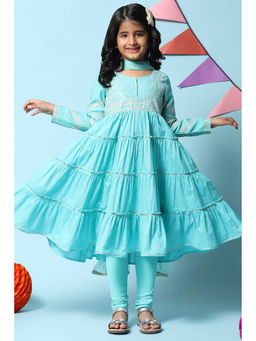 Biba - Girls Turquoise Embroidered Poly Chanderi Tired Kurta (Set of 3)