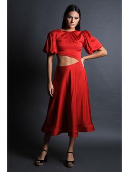 Swatee Singh - Pouf Sleeves Fit And Flared Dress With Cut Out