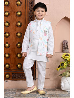 BT DEZINES - Boys White Floral Sequined Kurta with Pyjama & Jacket (Set of 3)