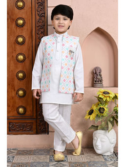 BT DEZINES - Boys White Floral Sequined Kurta with Pyjama & Jacket (Set of 3)