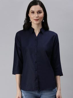 SHOWOFF - Women's Spread Collar Solid Navy Blue Polyester Shirt
