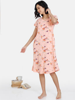 Zivame - Nuts For U Knit Cotton Mid Length Nightdress - Peach Pearl