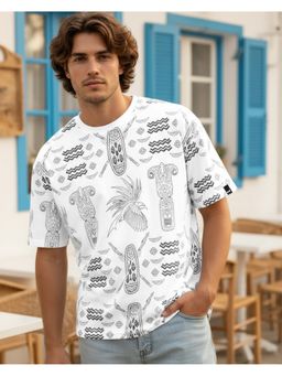 Bewakoof - Men Bright White All Over Printed Oversized T-Shirt