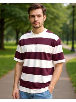 Bewakoof - Men Wine Maroon And White Striped Oversized T-Shirt