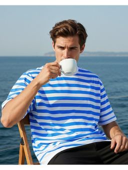 Bewakoof - Men Blue And White Striped Oversized T-Shirt