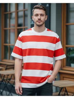 Bewakoof - Men Red And White Striped Oversized T-Shirt