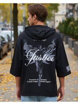 Bewakoof - Men Black Justice Bat Graphic Printed Oversized Hooded T-Shirt