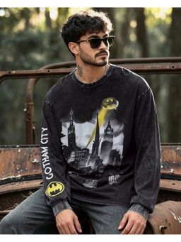 Bewakoof - Men Black Gotham City Graphic Printed Oversized Acid Wash T-Shirt