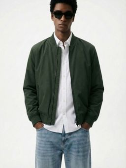 UNSTD - Men Olive Solid Bomber Jacket With Full Sleeves For Winter