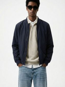 UNSTD - Men Navy Blue Solid Bomber Jacket With Full Sleeves For Winter